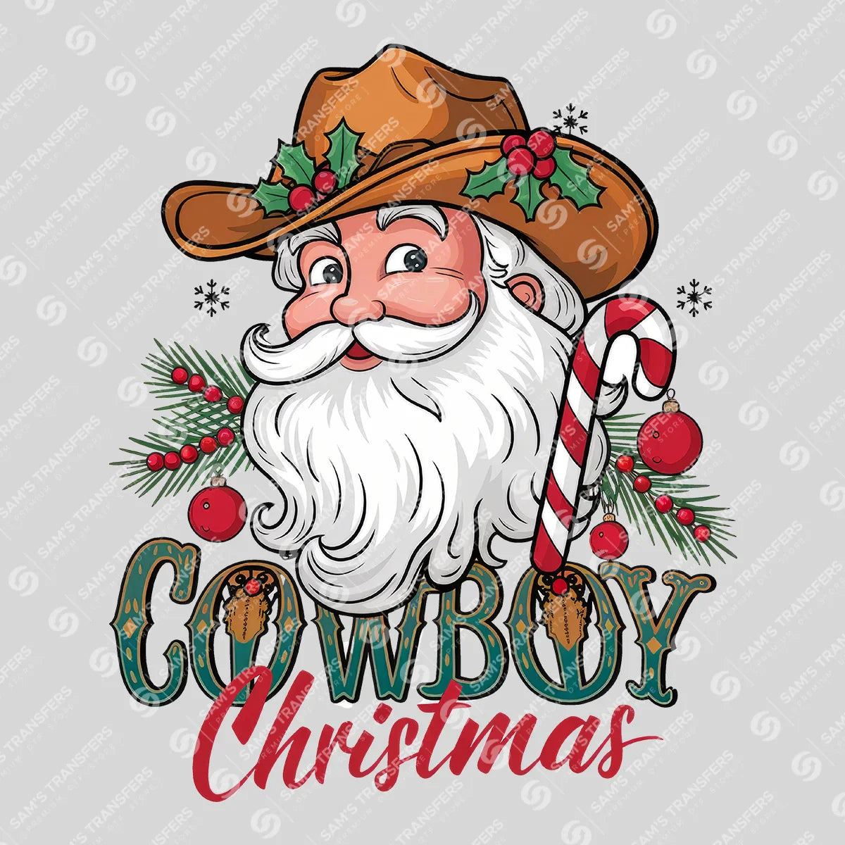Apparel featuring a Cowboy Christmas Santa Candy Cane-themed DTF transfer.