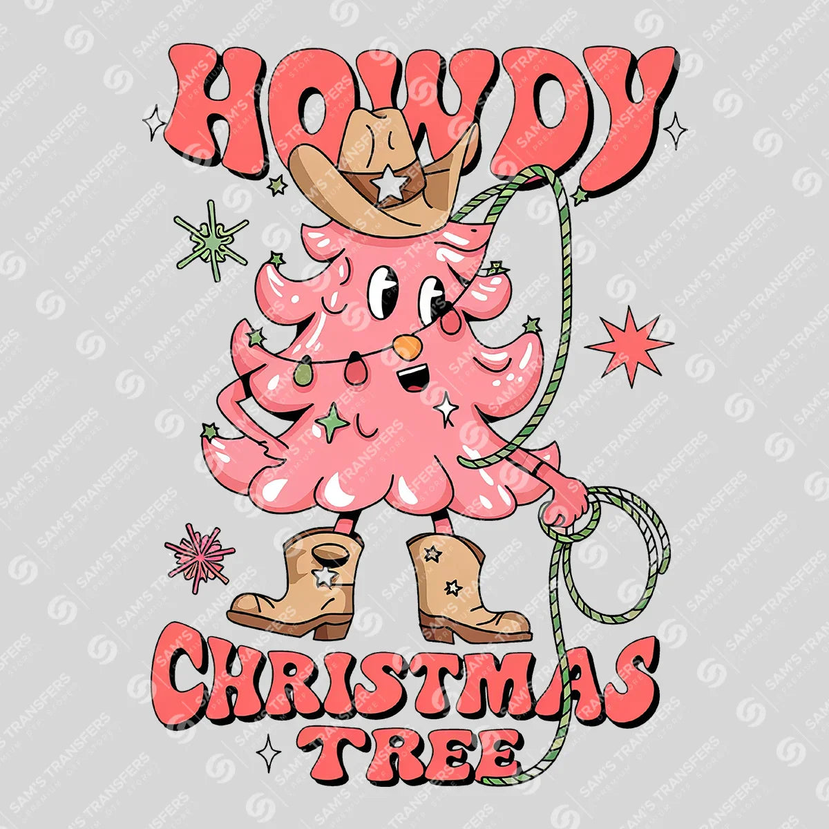 Apparel featuring a Howdy Christmas Tree-themed DTF transfer.