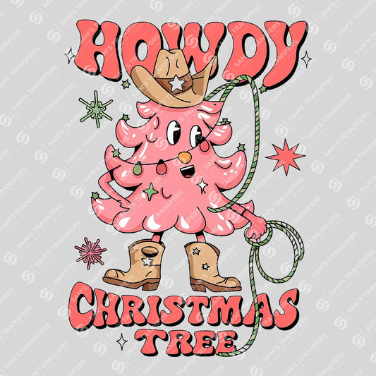 Apparel featuring a Howdy Christmas Tree-themed DTF transfer.