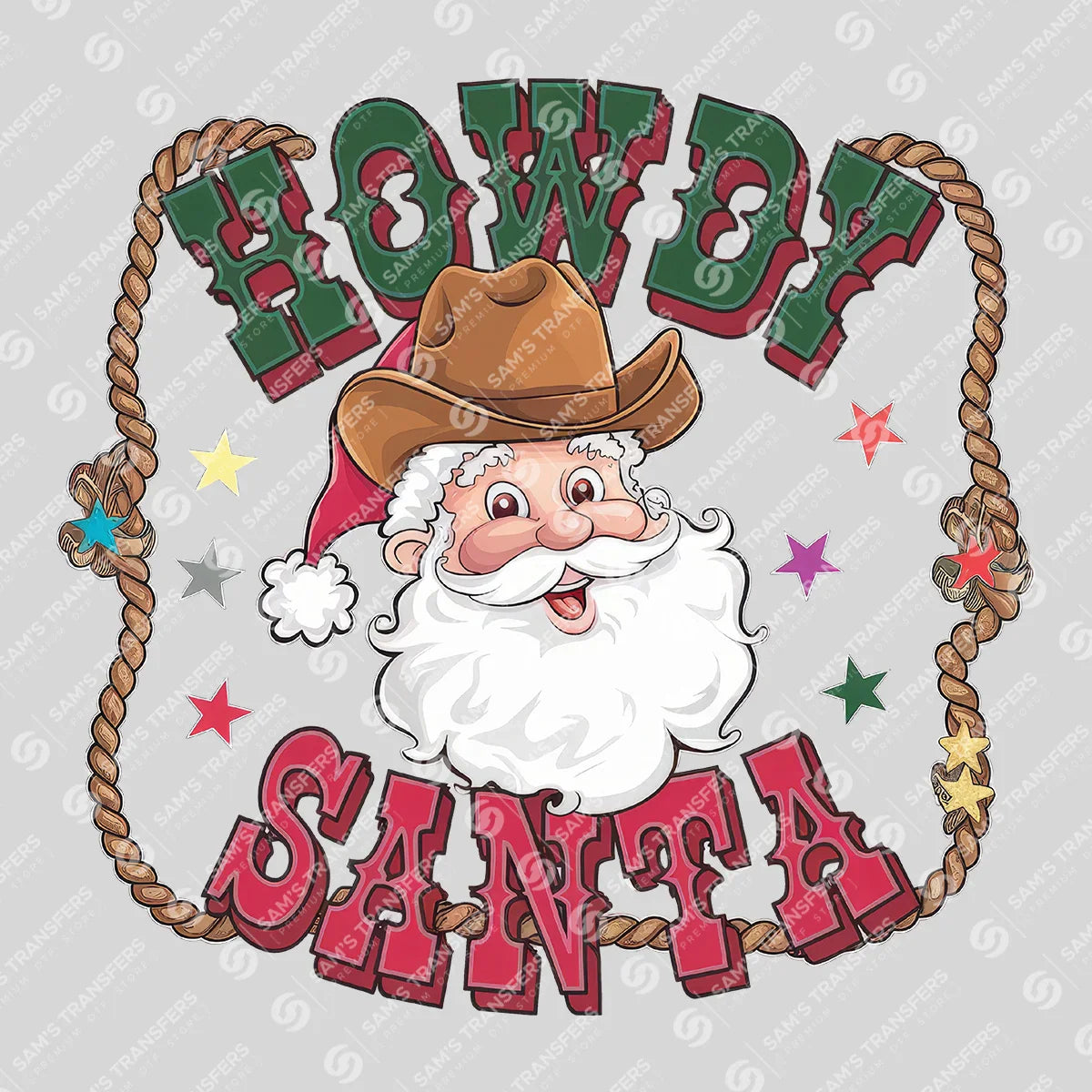 Apparel featuring a Howdy Santa-themed DTF transfer.