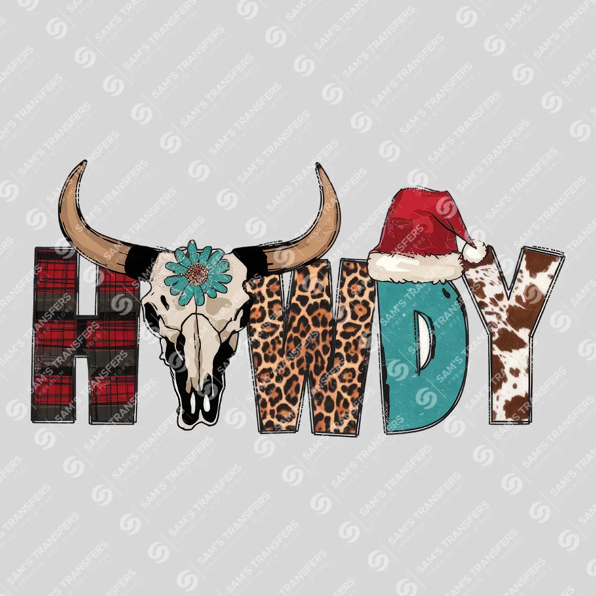 Apparel featuring a Howdy Christmas Bull Skull-themed DTF transfer.