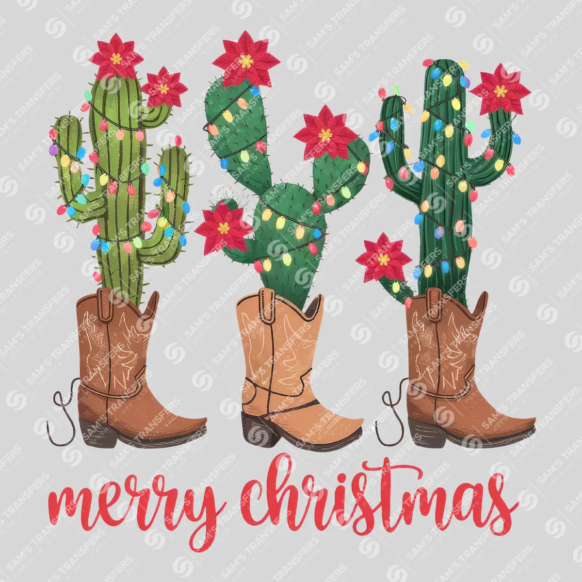 Apparel featuring a Merry Christmas Cactus Boots-themed DTF transfer.