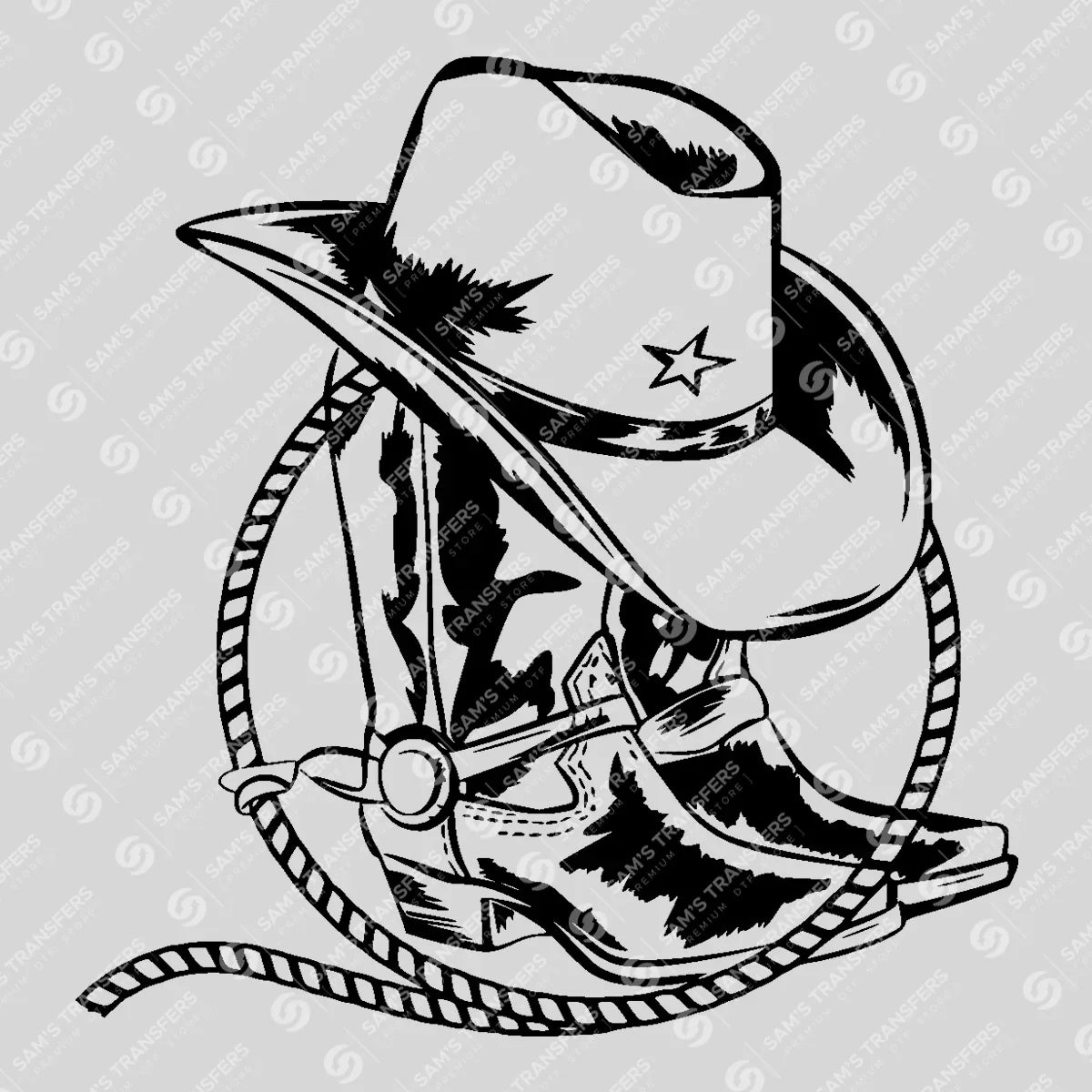 Apparel featuring a Cowboy Hat and Boots-themed DTF transfer.
