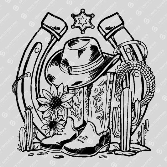 Apparel featuring a Cowboy Boots and Hat Horseshoe-themed DTF transfer.