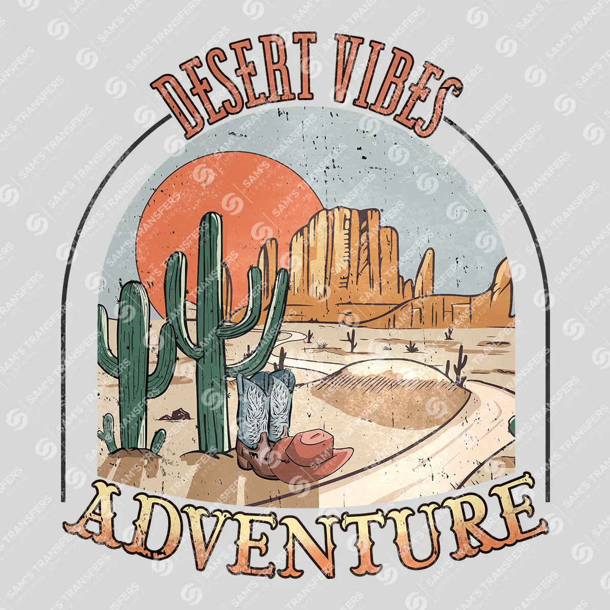 Apparel featuring a Desert Vibes Adventure-themed DTF transfer.