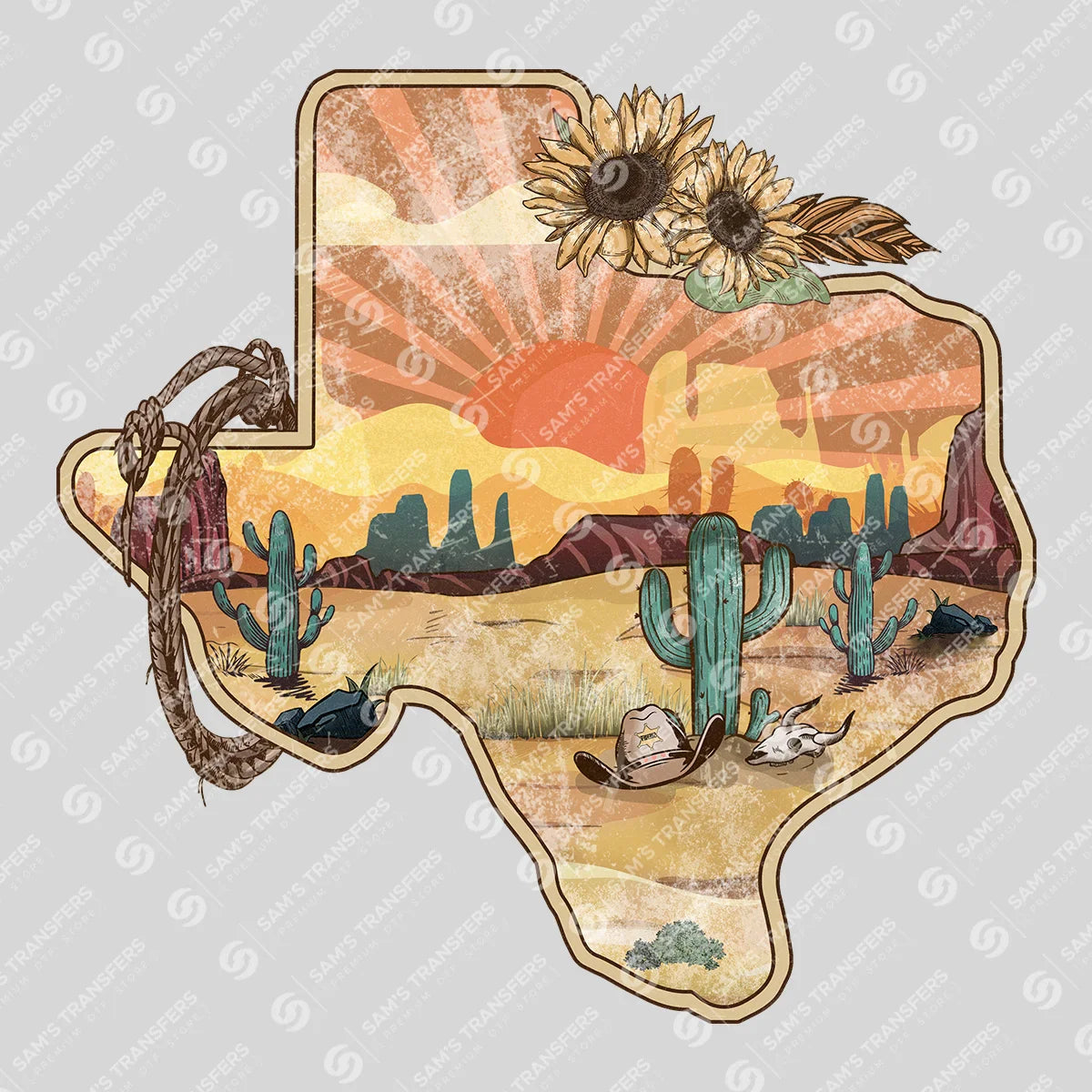 Apparel featuring a Texas Desert Sunset-themed DTF transfer.