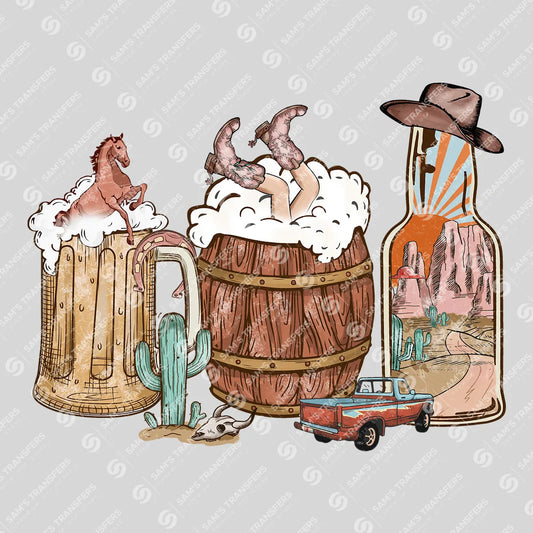 Apparel featuring a Western Whiskey and Beer-themed DTF transfer.