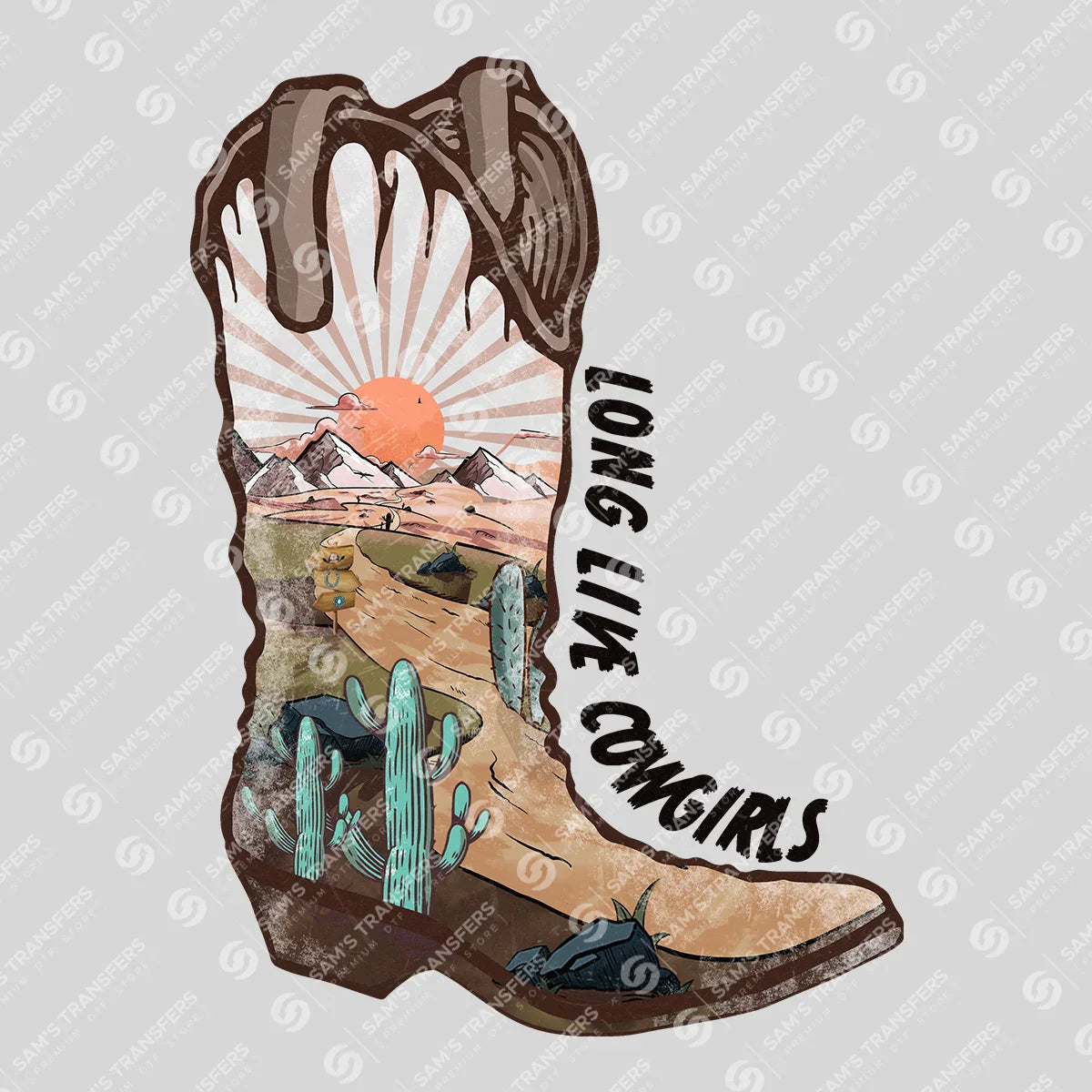 Apparel featuring a Long Live Cowgirls Boot-themed DTF transfer.