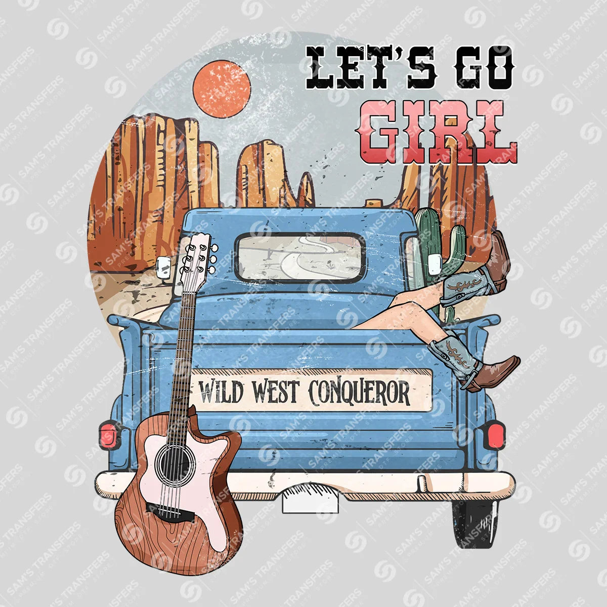 Apparel featuring a Lets Go Girl Wild West-themed DTF transfer.