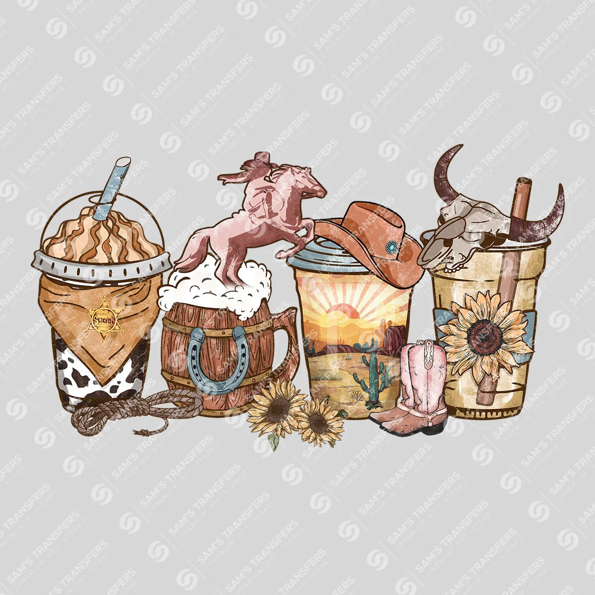 Apparel featuring a Western Coffee Latte-themed DTF transfer.