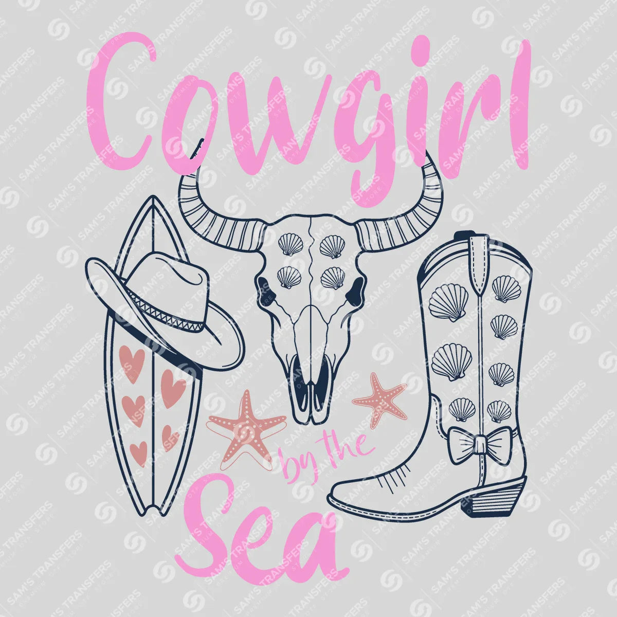 Apparel featuring a Cowgirl by the Sea-themed DTF transfer.