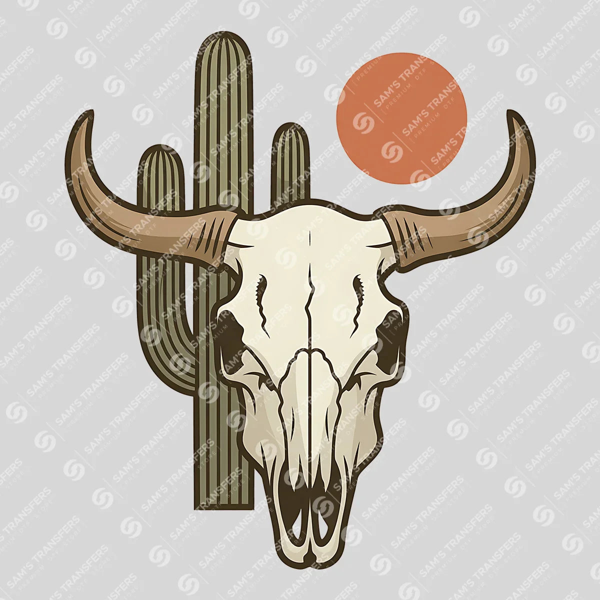 Apparel featuring a Bull Skull Cactus Sun-themed DTF transfer.
