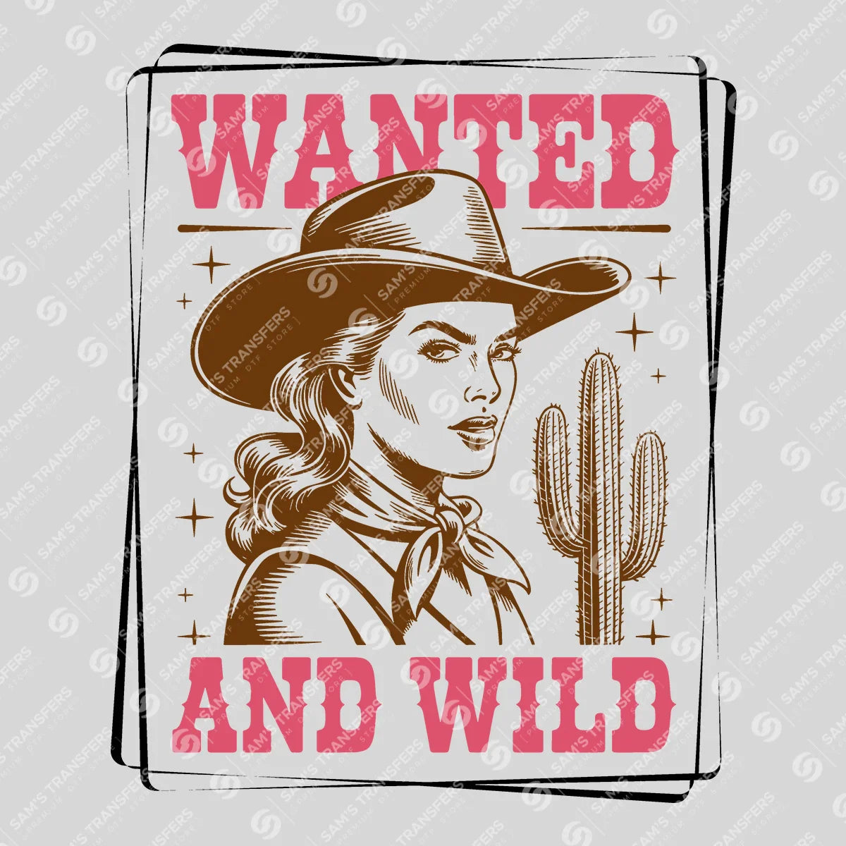 Apparel featuring a Wanted and Wild-themed DTF transfer.