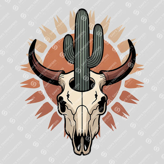 Apparel featuring a Bull Skull Cactus Sunburst-themed DTF transfer.
