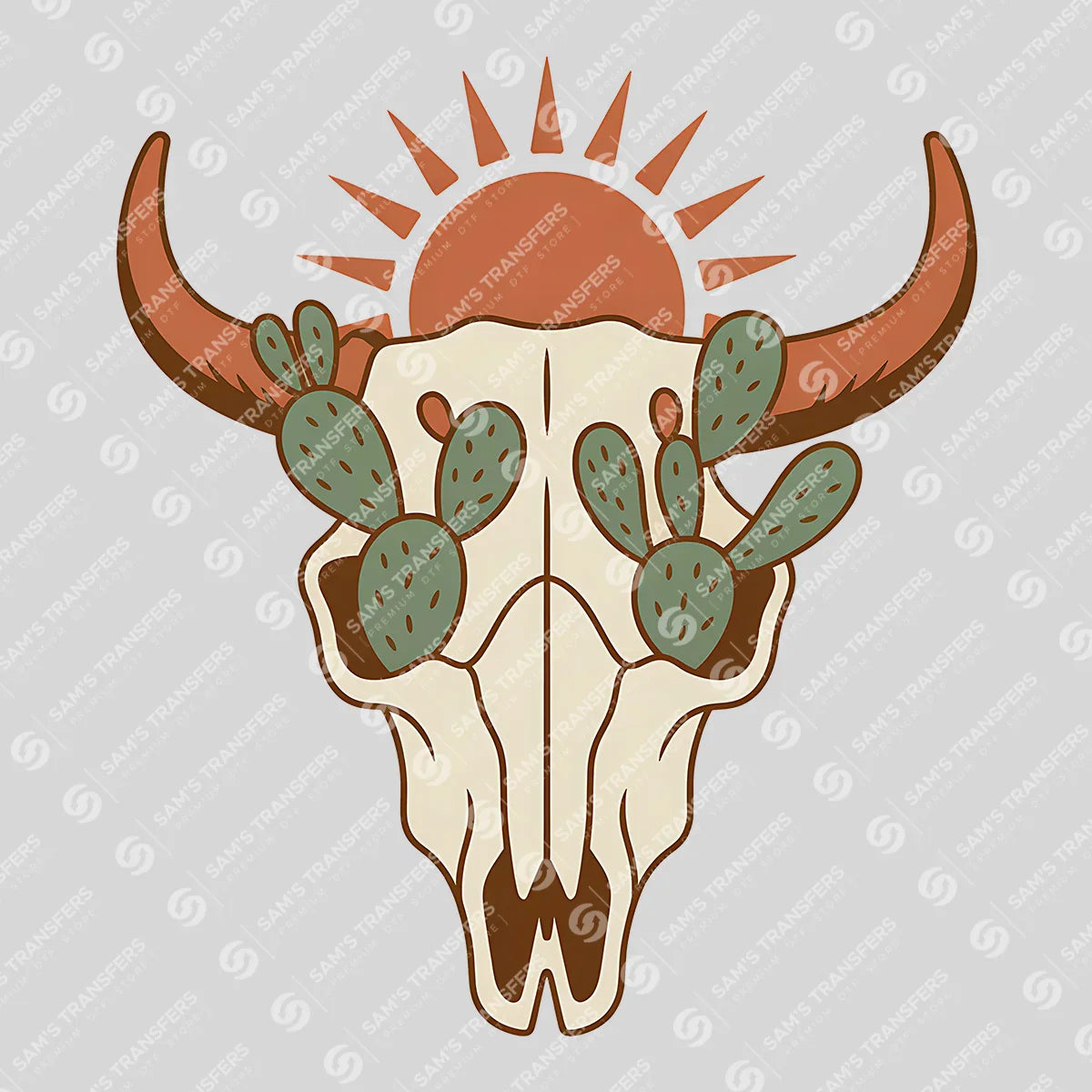 Apparel featuring a Bull Skull Prickly Pear Sun-themed DTF transfer.