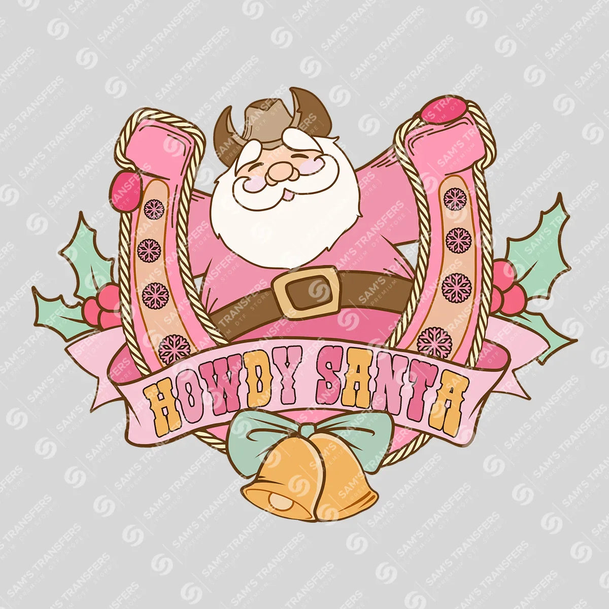 Apparel featuring a Howdy Santa Horseshoe-themed DTF transfer.
