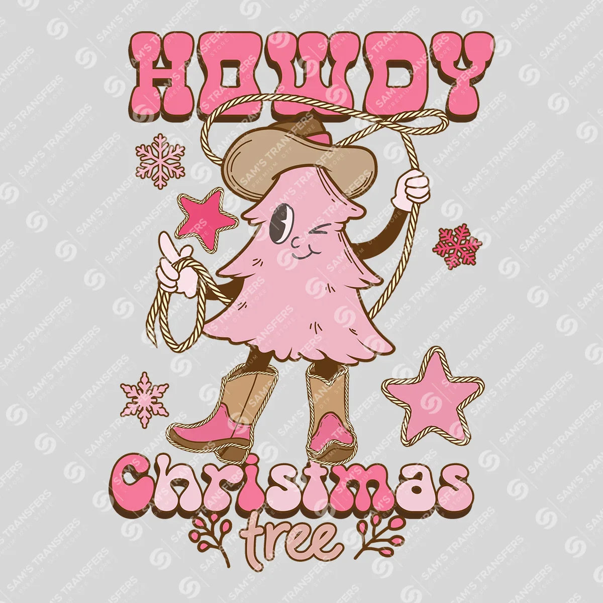 Apparel featuring a Howdy Christmas Tree Pink-themed DTF transfer.