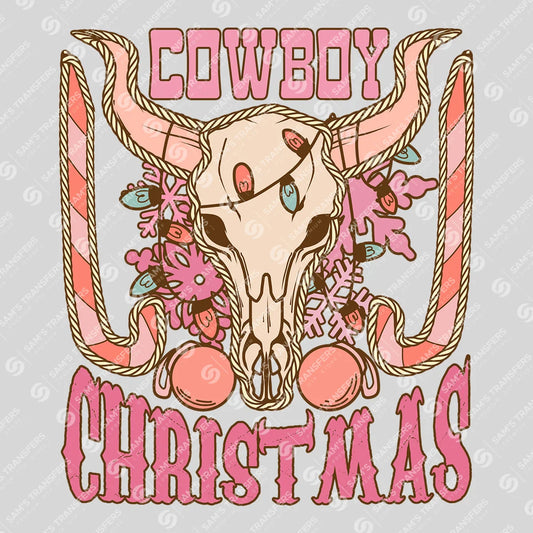 Apparel featuring a Cowboy Christmas Bull Skull-themed DTF transfer.
