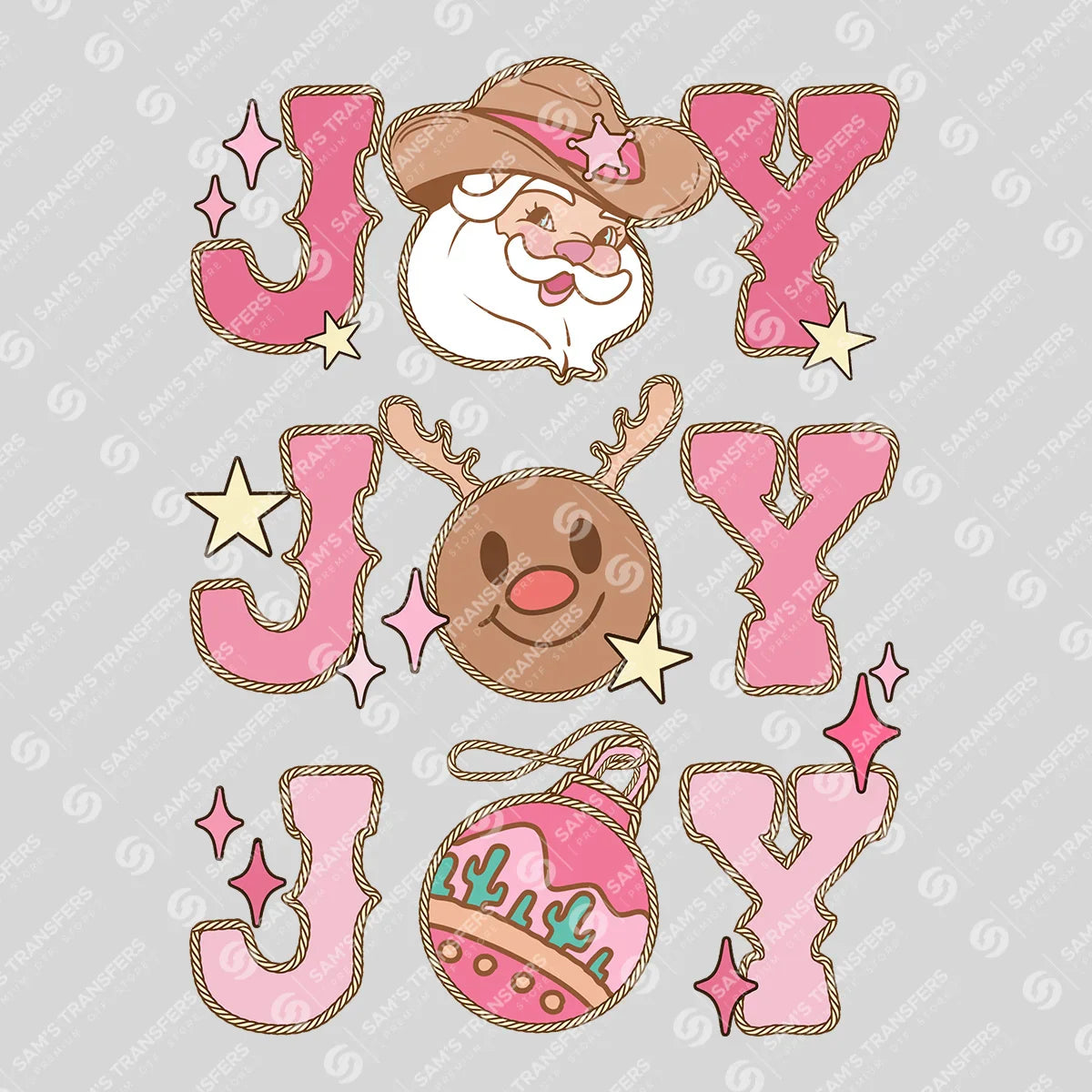 Apparel featuring a Joy Joy Joy-themed DTF transfer.