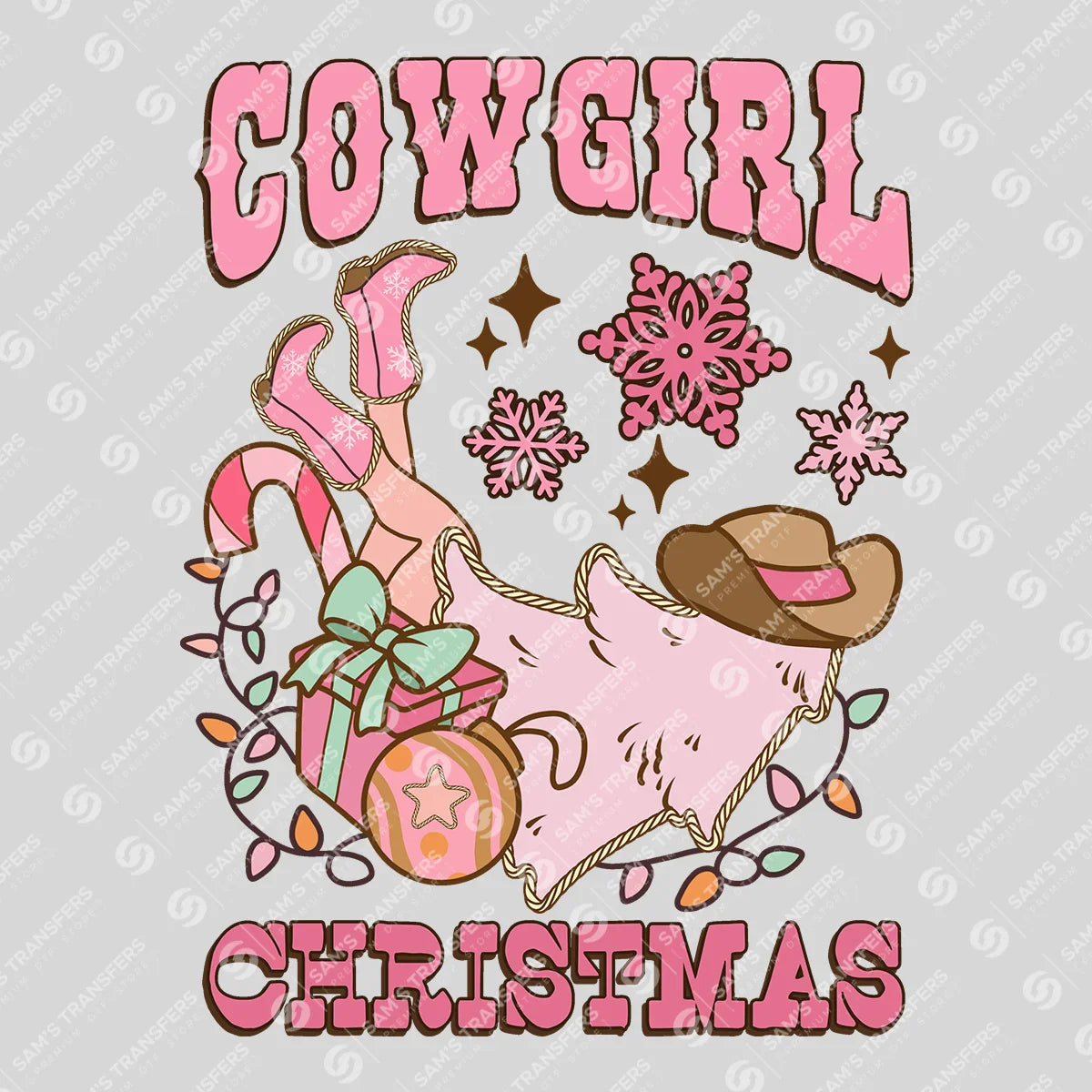 Apparel featuring a Cowgirl Christmas Boots and Lights-themed DTF transfer.