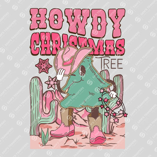 Apparel featuring a Howdy Christmas Tree Cactus-themed DTF transfer.