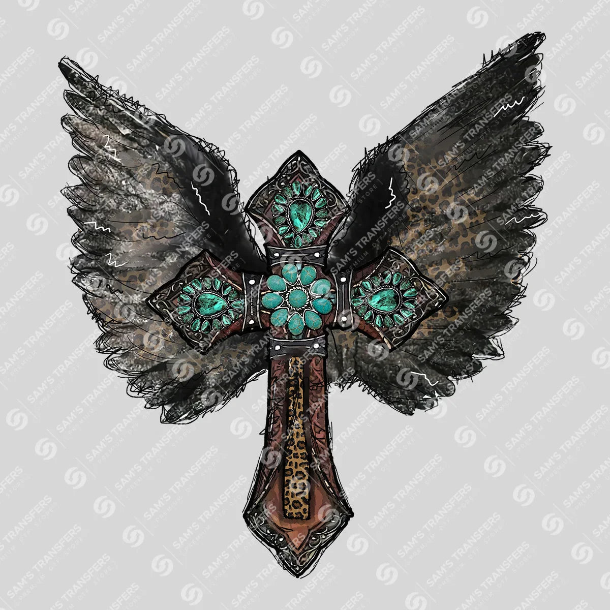 Apparel featuring a Winged Cross Turquoise-themed DTF transfer.