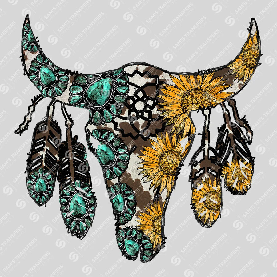 Turquoise Sunflower Bull Skull Ready-to-Press DTF Transfer | SAT07976