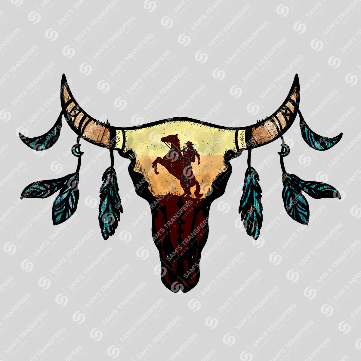 Apparel featuring a Longhorn Skull Cowboy Sunset-themed DTF transfer.