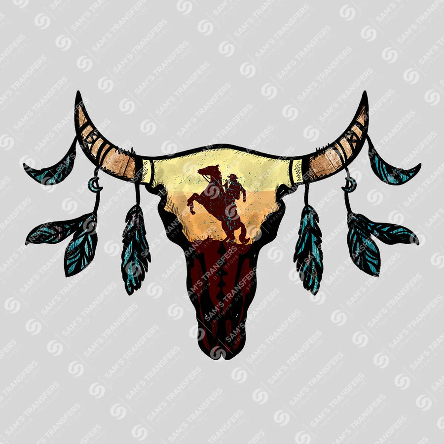Longhorn Skull Cowboy Sunset Ready-to-Press DTF Transfer | SAT07978