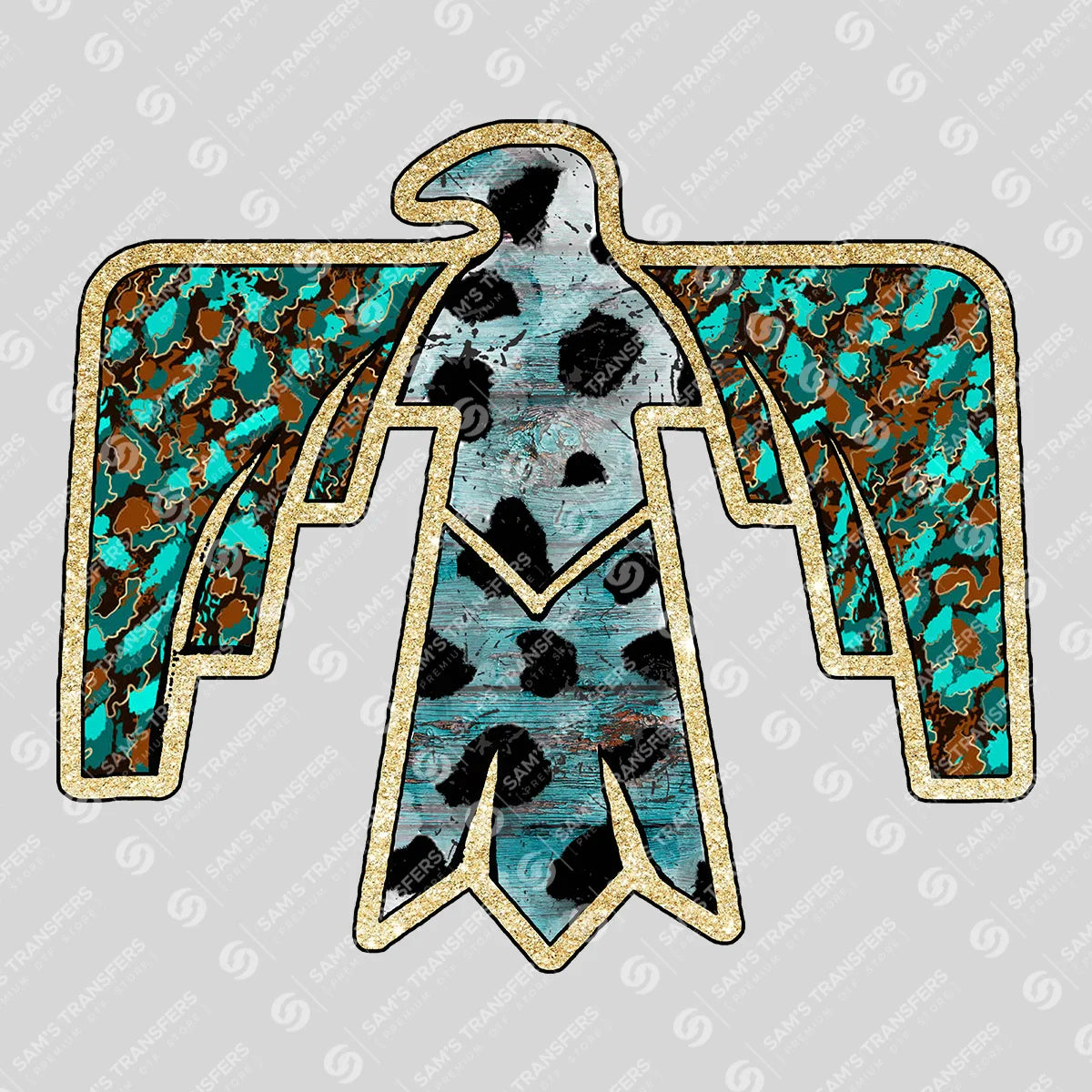 Apparel featuring a Turquoise Thunderbird-themed DTF transfer.