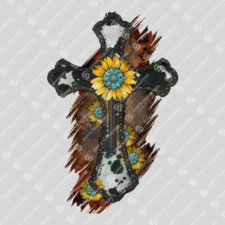 Sunflower Cross Cowhide Ready-to-Press DTF Transfer | SAT07980