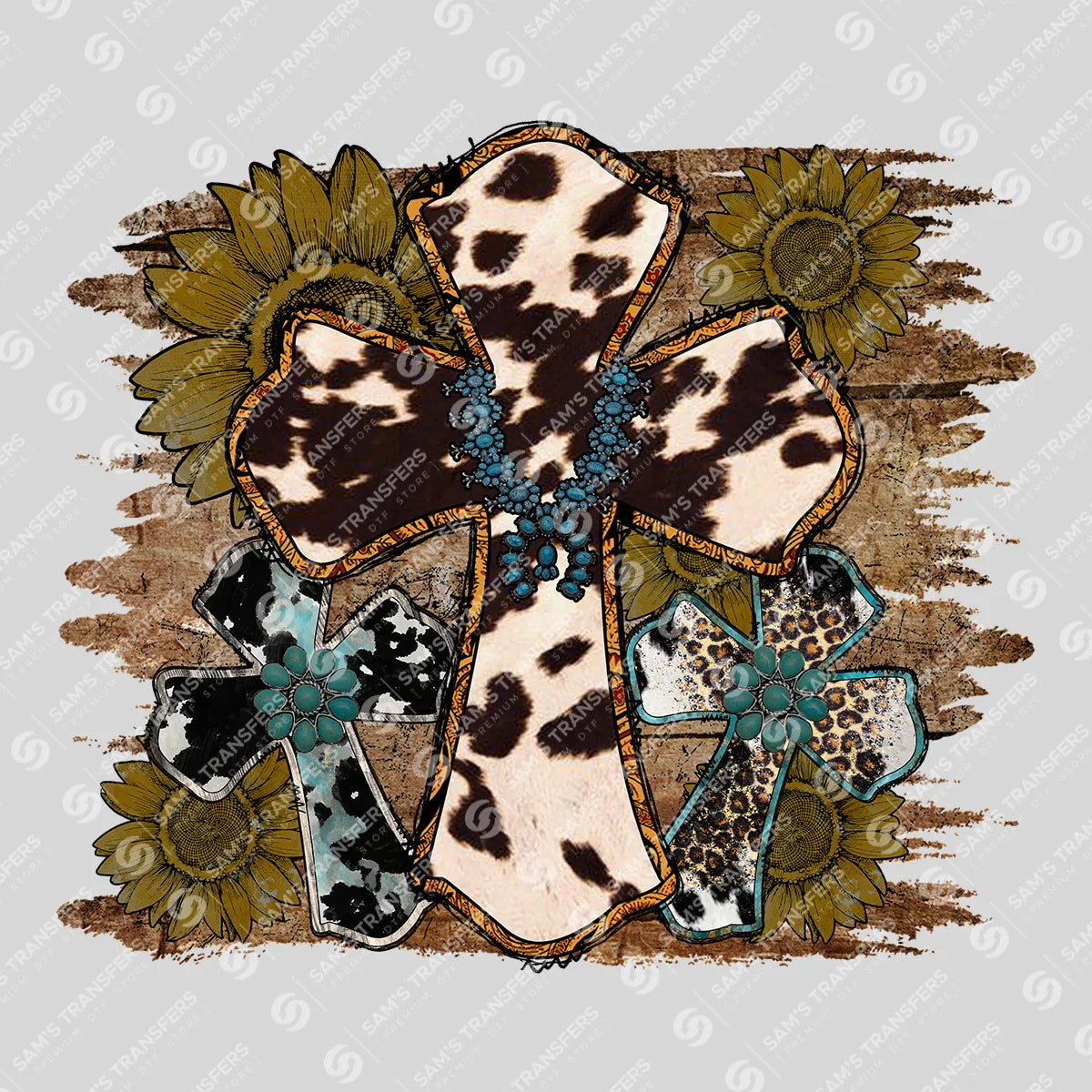 Apparel featuring a Western Crosses Sunflower-themed DTF transfer.