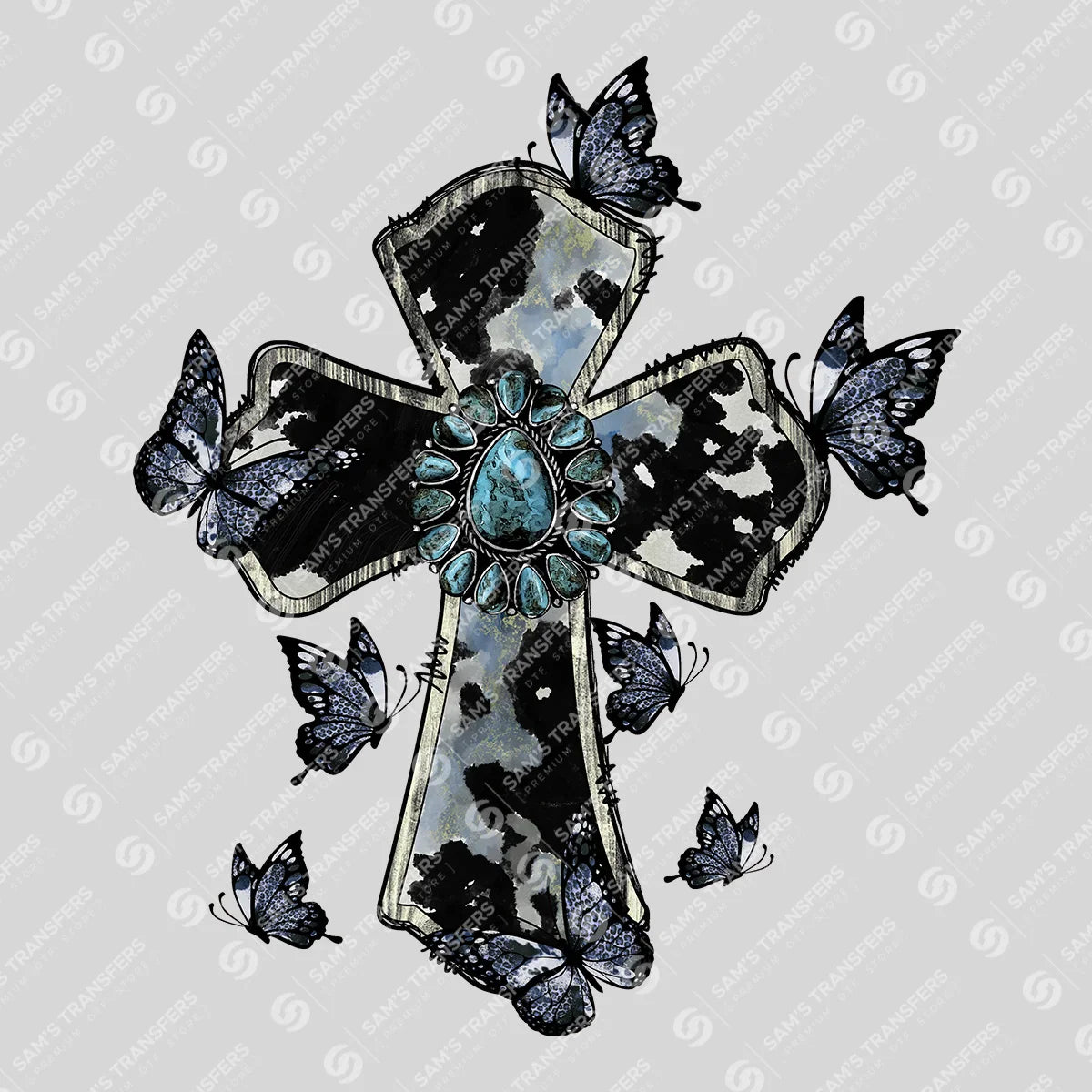 Apparel featuring a Cowhide Cross Butterflies-themed DTF transfer.