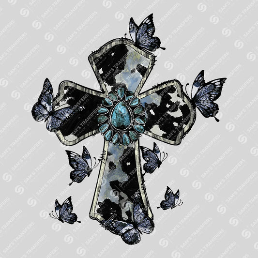 Apparel featuring a Cowhide Cross Butterflies-themed DTF transfer.