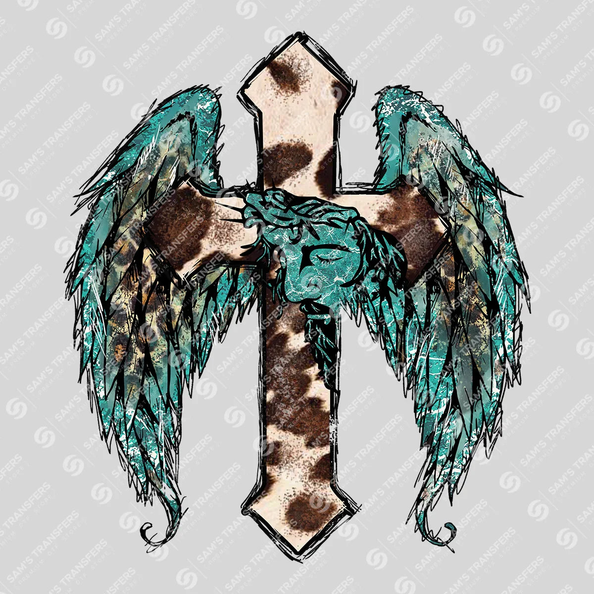 Apparel featuring a Winged Cross Cowhide-themed DTF transfer.
