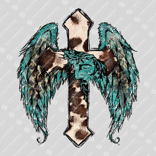 Apparel featuring a Winged Cross Cowhide-themed DTF transfer.