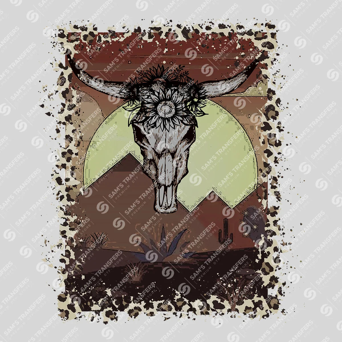 Apparel featuring a Sunflower Bull Skull Cowhide-themed DTF transfer.