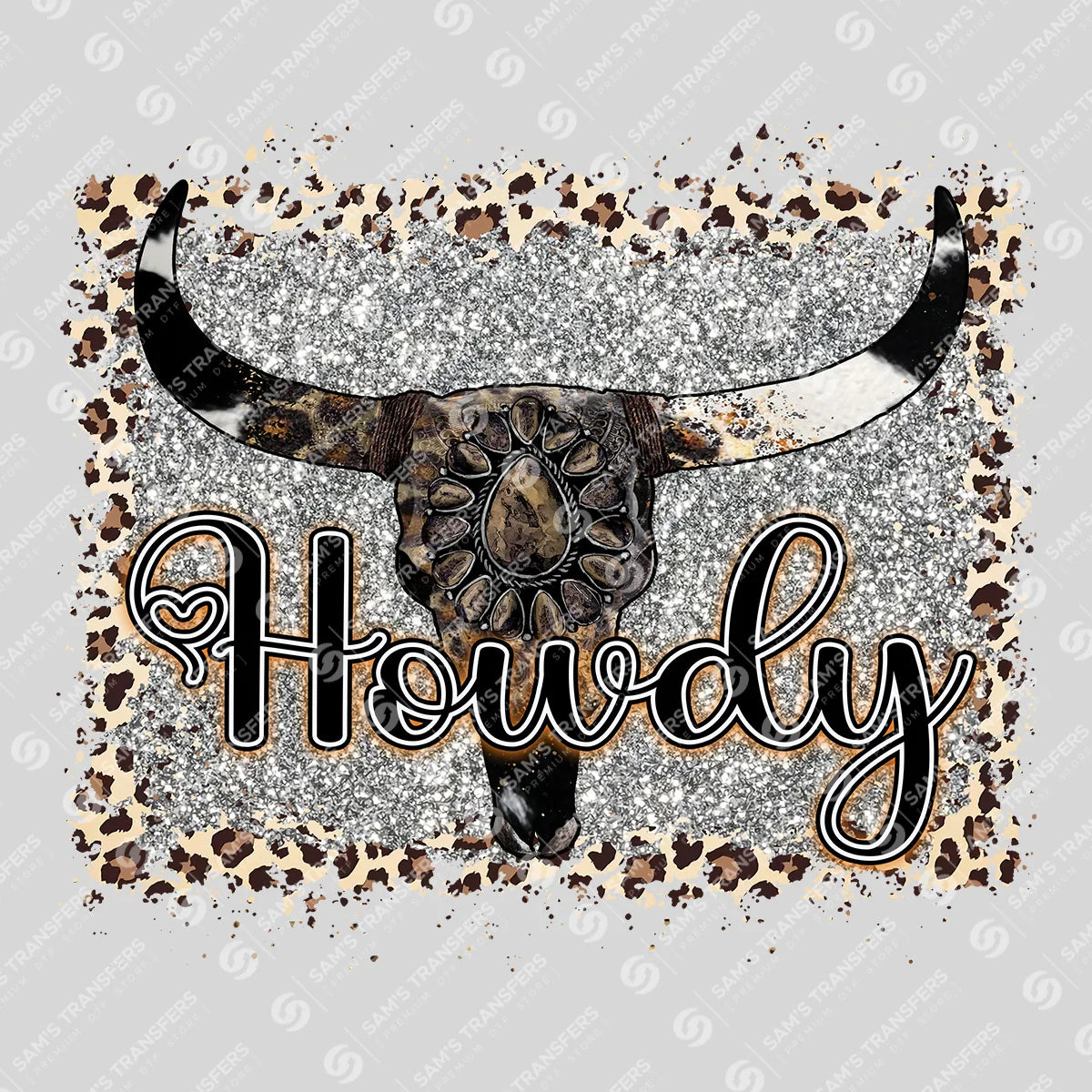 Apparel featuring a Howdy Bull Skull Glitter-themed DTF transfer.