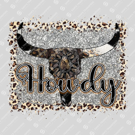 Apparel featuring a Howdy Bull Skull Glitter-themed DTF transfer.