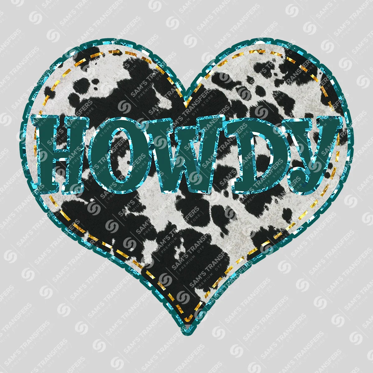 Apparel featuring a Howdy Cowhide Heart-themed DTF transfer.