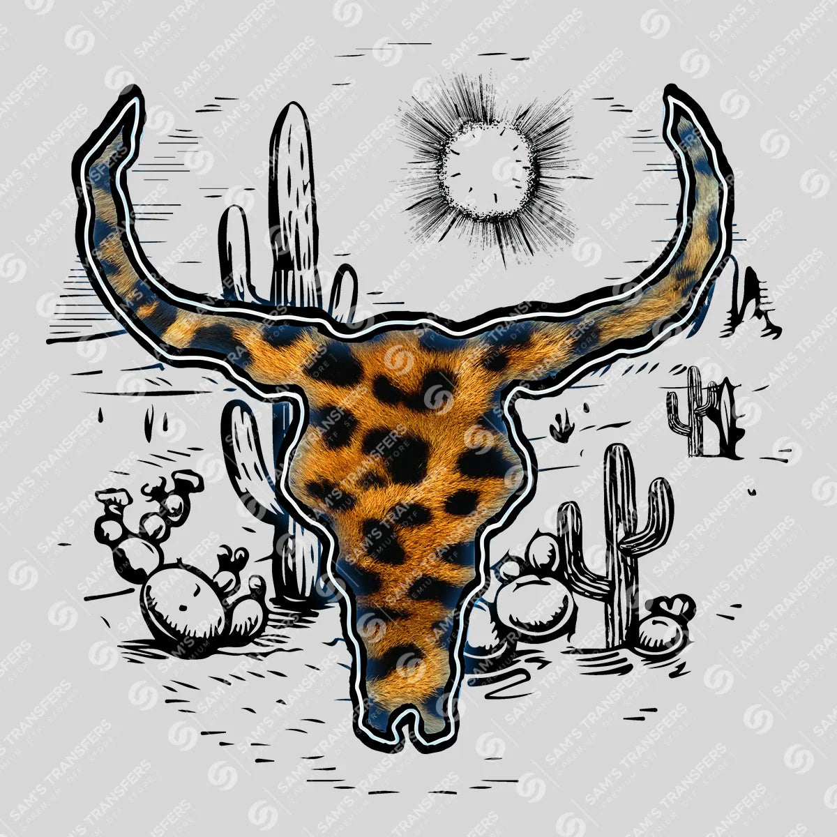 Apparel featuring a Leopard Bull Skull Desert-themed DTF transfer.