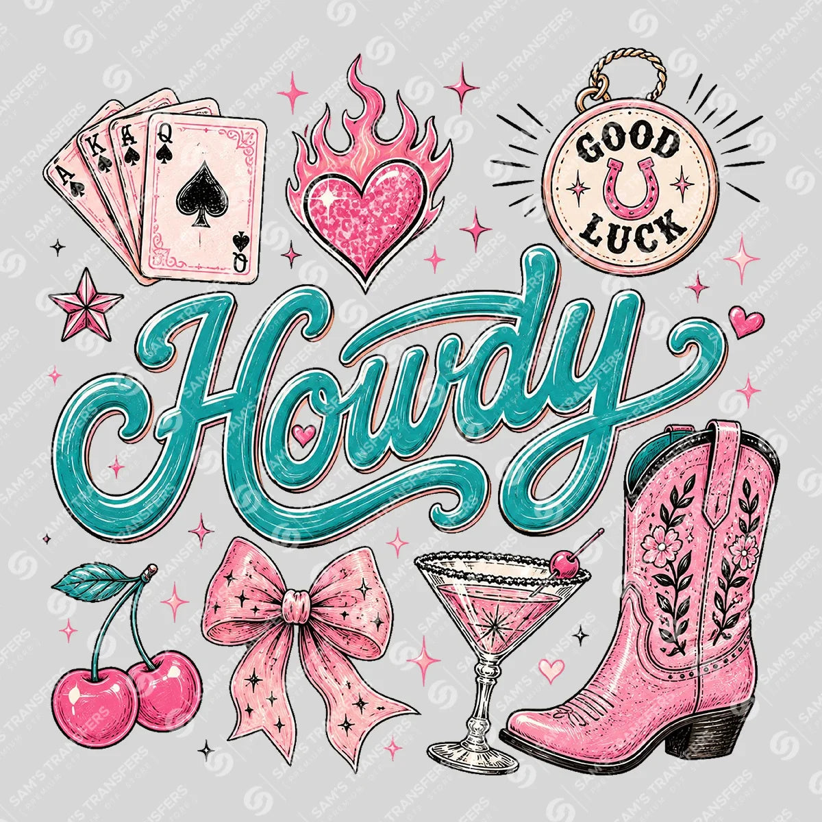 Apparel featuring a Howdy Pink Collage-themed DTF transfer.