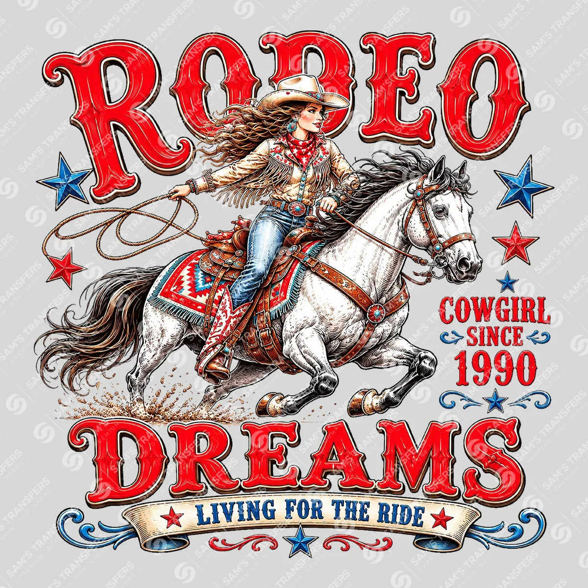 Apparel featuring a Rodeo Dreams-themed DTF transfer.