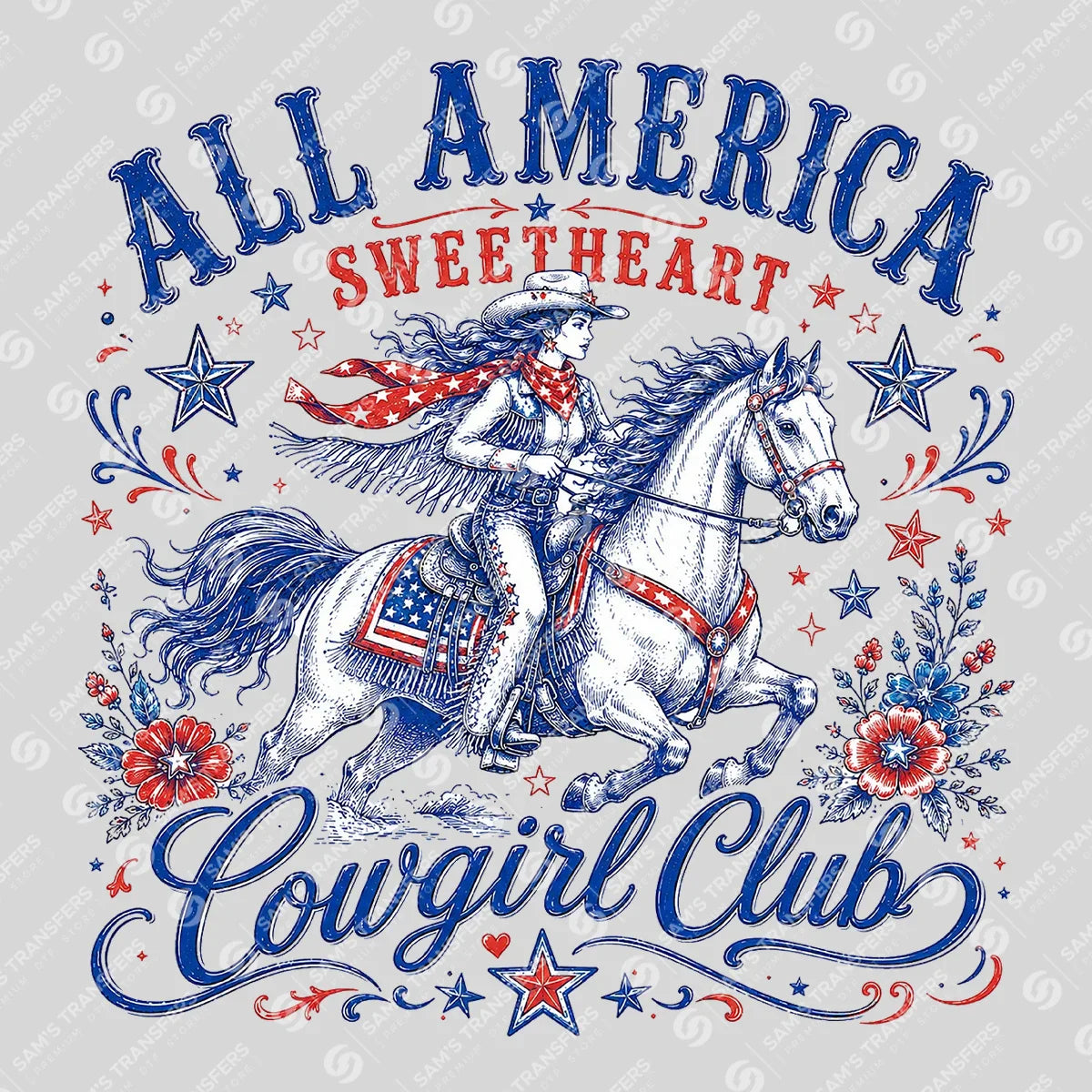 Apparel featuring a All American Sweetheart Cowgirl Club-themed DTF transfer.