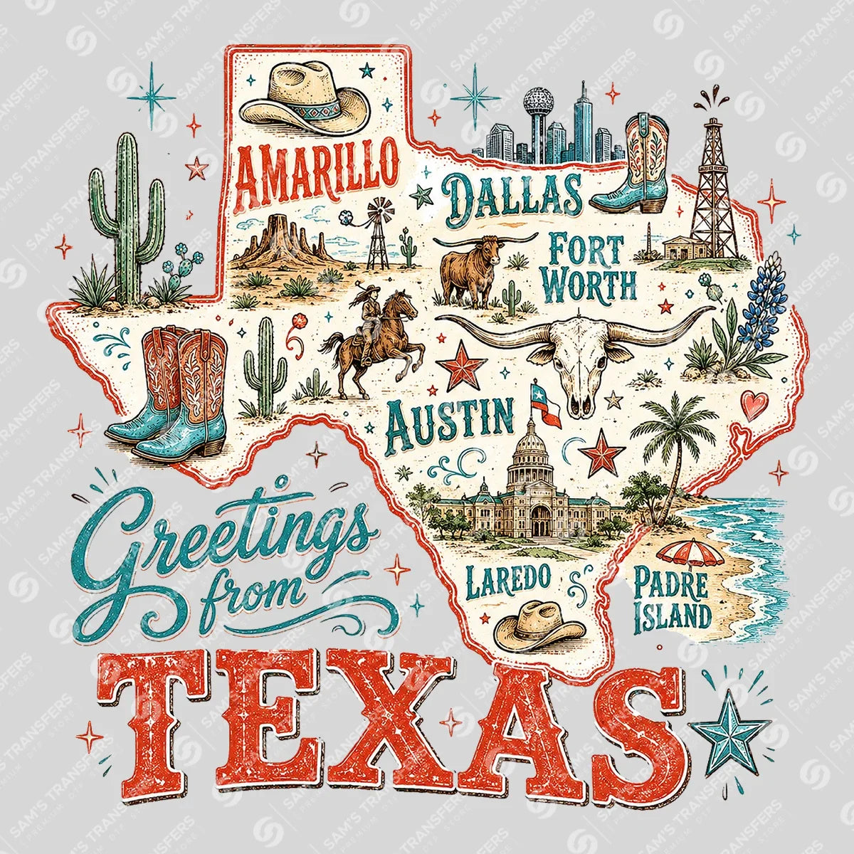 Apparel featuring a Greetings From Texas-themed DTF transfer.