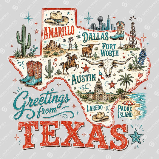 Apparel featuring a Greetings From Texas-themed DTF transfer.