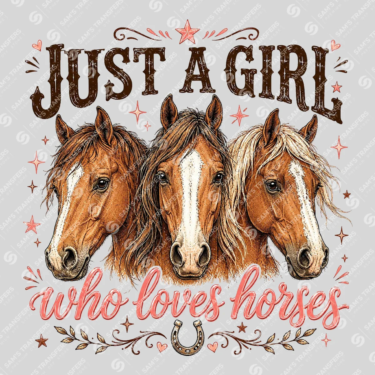 Apparel featuring a Just a Girl Who Loves Horses-themed DTF transfer.