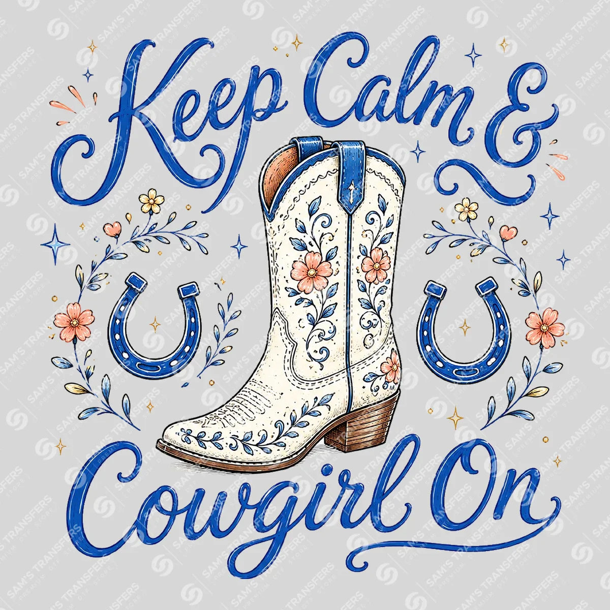 Apparel featuring a Keep Calm and Cowgirl On-themed DTF transfer.