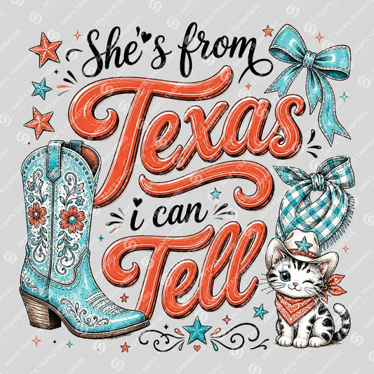 Apparel featuring a Shes From Texas I Can Tell Cat-themed DTF transfer.
