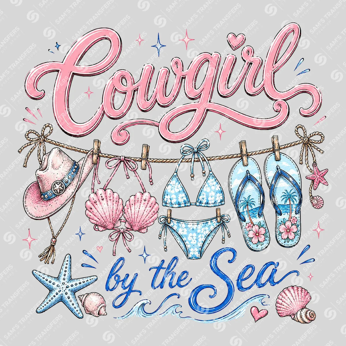 Apparel featuring a Cowgirl by the Sea Clothesline-themed DTF transfer.